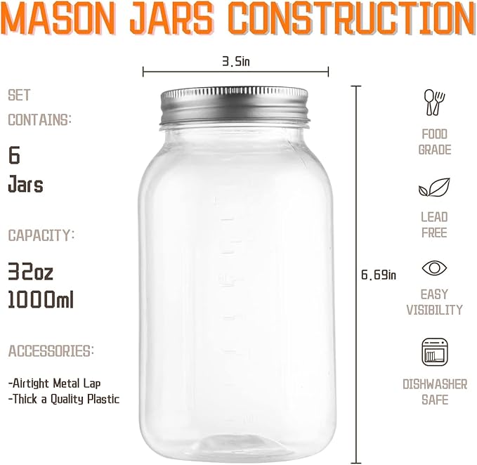 novelinks 32 oz Plastic Food Storage Jars with Metal Lids – 6 Pack BPA-Free Clear Airtight Containers for Pantry, Spices, Snacks, Kitchen & Bathroom Organization – Leak-Proof Reusable Jars (Silver)