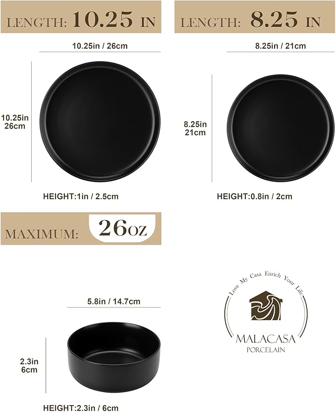 MALACASA Plates and Bowls Sets, 12 Pieces Porcelain Dinnerware Set for 4 Kitchen Dinner Ware Set Ceramic Dishware Dishes Microwave and Dishwasher Safe, Black, Series LUNA