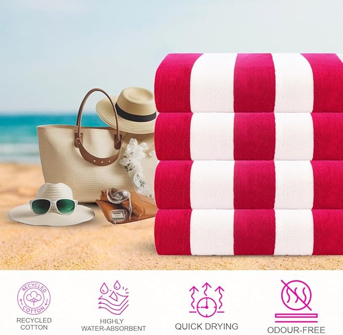 CASA COPENHAGEN Cabana Beach Designed in Denmark Rough and Tough, Quick Dry, Pool, Bath & Shower 30x60 inches 4 Pieces Cotton Beach Bath Towels Set - Pink