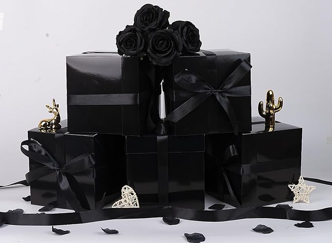 Jaywayang 5 Pack Black Gift Boxes with Lids, Ribbons and Tissue Papers Square Gift Boxes - 7.1 Inch - Birthday, Wedding, Presents Wrapping, Father's Day, Valentine's Day Decoration Party Favor Boxes.