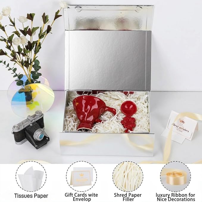 UoeRing 1 Pcs Silver Gift Box 11.5x8x4 inch Luxury Gift Box for Presents with Magnetic Lid Collapsible,Birthday,Christmas,Contains Card, Ribbon, Tissue Paper,Shredded Paper Fille