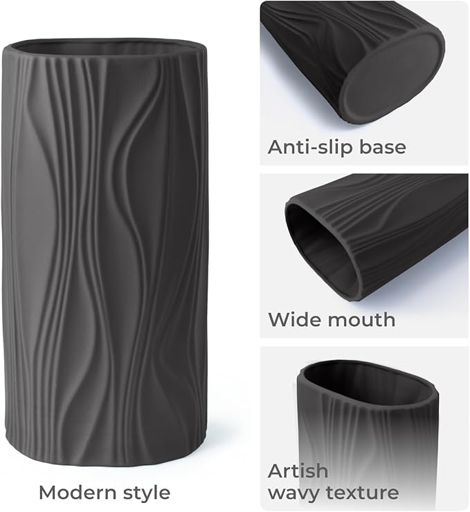 Black Flower Vase - Modern Ceramic Vase for Home Décor - Black Matte Vase for Living Room - Boho Vase for Pampas Grass