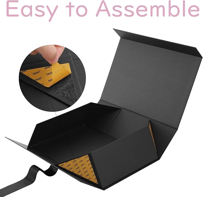 JINMING Large Gift Box with Ribbon 13.5x9x4.1 Inches, Black Box for Gifts, Groomsman Proposal Box for Mother's Day, Father's Day, Collapsible with Magnetic Closure