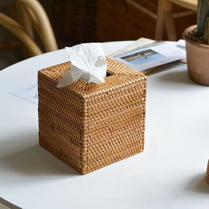 Rattan Tissue Box Cover Square, Wicker Tissue Box Holder, Decorative Woven Facial Tissue Holder for Bathroom, Kitchen, Living Room, Bedroom (Natural)