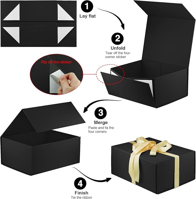 MOYEUPAC Black Gift Box,9" X 7" X 4" with Lids for Presents Magnetic Closure for Gift Packagingwith Ribbon, Gift Box for Birthday, Christmas,Thanksgiving