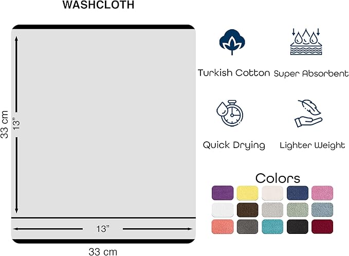 Hawmam Linen Luxury Cotton Washcloths 13x13 Inch - Large Hotel Spa Bathroom Face Towel | 12 Pack | Sea Salt