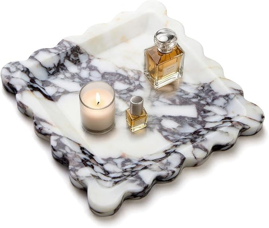 Calacatta Viola Natural Marble Tray, Scalloped Storage Dish, Luxury Decorative Trays for Bathroom, Vanity, Dresser, Kitchen & Home Decor, House Warming Gifts New Home (Square,8 Inch)