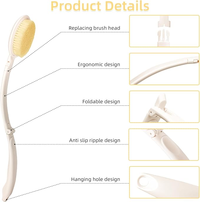 LFJ 19" Long Handle Shower Sponge Brush Set, 3 in 1 Body Brush, Bath Sponge and Lotion Applicator Improved Skin Health, Suitable for Men and Women (White Brush-1P)