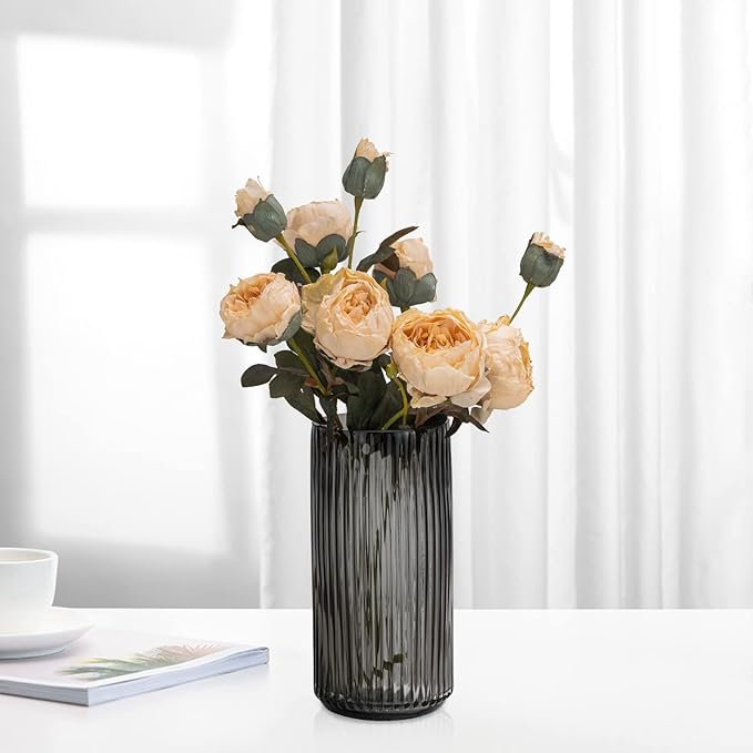 Flower Vase 7.5 inch Grey Thickened Hand Blow Glass Vase Round Vintage Striped Bottles for Bookshelf,Dinner Table,Indoor Office Desktop,Meeting Room,Bathroom,Countertop,Home