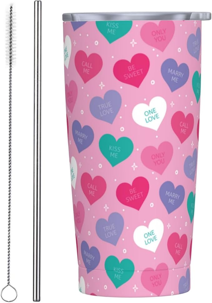 Valentine’s Day Tumbler,Heart 20oz Stainless Steel Insulated Travel Tumblers,Travel Coffee Mug with Lid and Straw Water Bottle Drink Tumbler Cups Gifts for Women Men Lovers