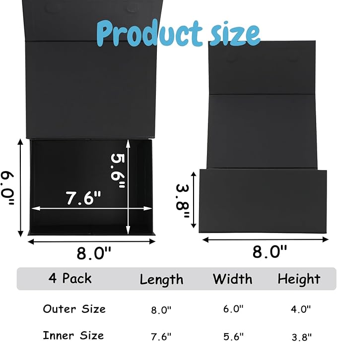 Schliersee 8x6x4 Gift box for Presents with Magnetic Lids Set of 4, Black Gift Wrap Boxes for Wedding, Birthday, Mother's Gifts