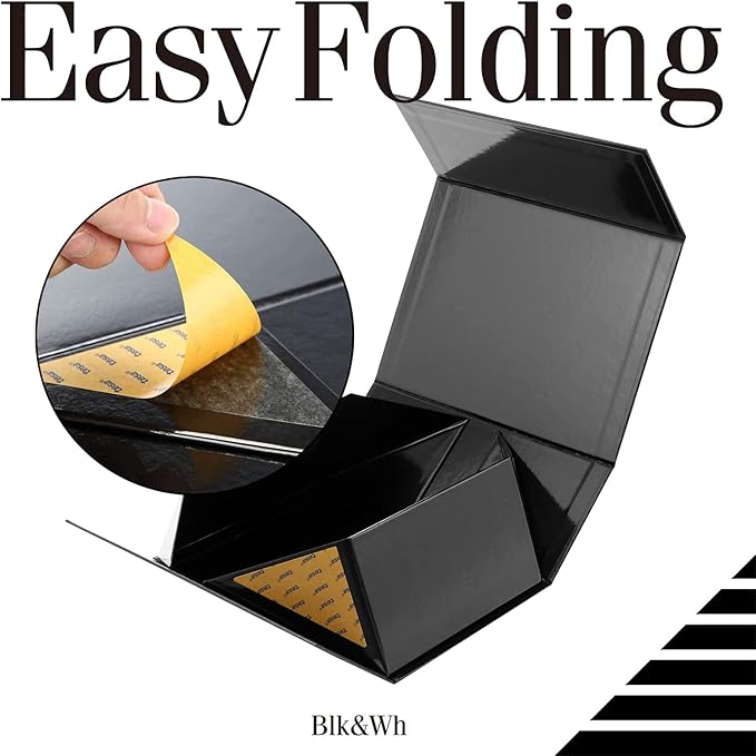 BLK&WH 6 Gift Boxes 9x6.5x3.8 Inches, Black Gift Boxes, Gift Boxes with Lids, Collapsible Gift Boxes for Gift Packaging (Glossy Black with Grass Texture)