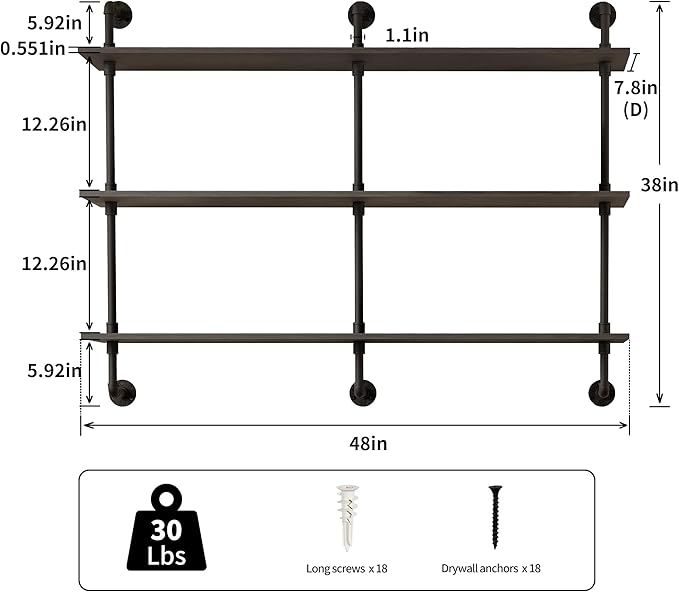 3-Tier Industrial Pipe Floating Shelf – Rustic 48 inch Wood Wall-Mounted Storage Shelf for Kitchen Office,Bathroom & Home Decor -Black