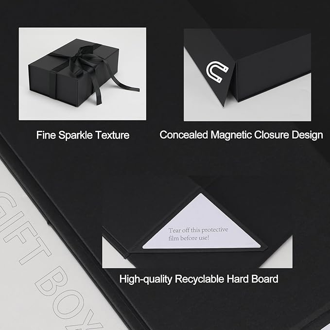 Ditwis 4 Pack 9.5x6x3 Inches Gift Boxes with Magnetic Closure Lids, Black Magnetic Box with Ribbon for Wedding, Groomsmen Bridesmaid Proposal, Birthdays, Mother's Day