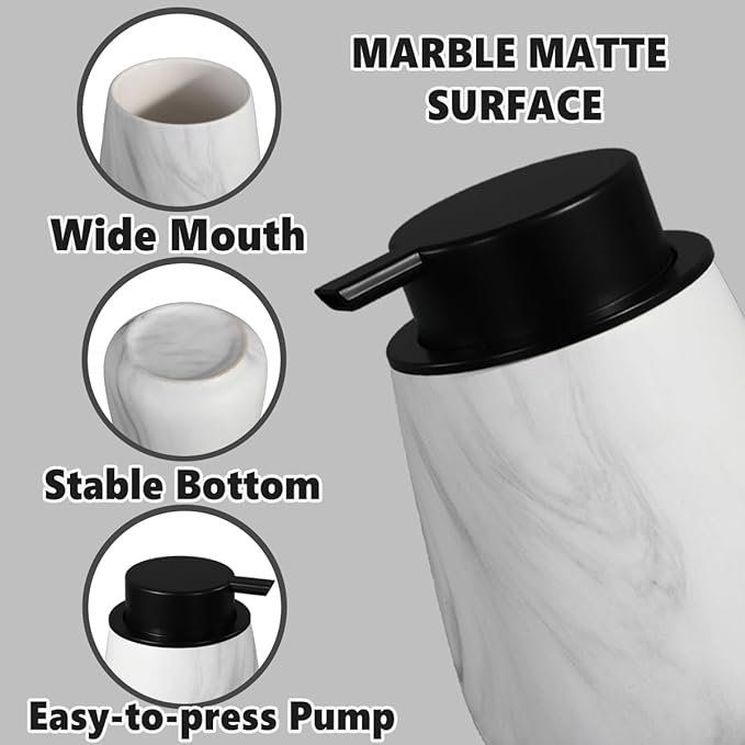 12Oz Foaming Hand Soap Dispenser - Ceramic Bathroom Foam Soap Dispenser with Easy-to-Press Black Pump, Refillable Lotion Hand Dispenser, Dish Soap Dispensers for Kitchen, Marble White