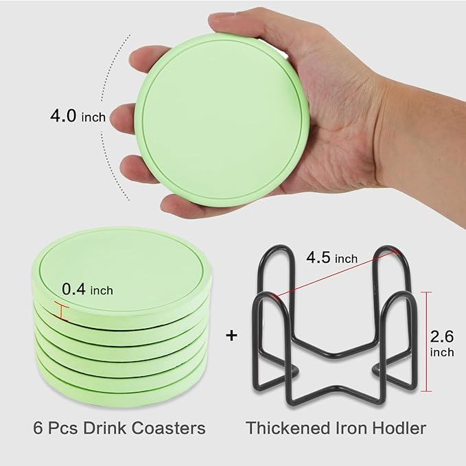 Azhou 6Pcs Drink Coaster with Holder, Green Absorbent Coasters for Drinks, Non-Slip with Velvet Bottom, Thick Heavy Duty 4 inch Ceramic Coasters, Home Decor Coffee Bar Accessories