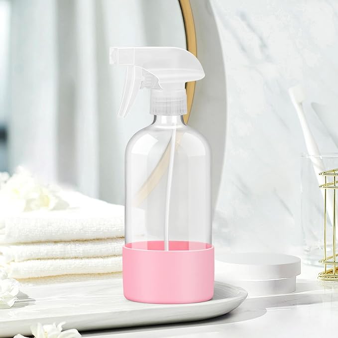 Glass Spray Bottles with Silicone Sleeve Protection, Empty 16 oz Refillable Containers, Reusable Spray Bottles with Adjustable Nozzle for Hair, Cleaning Solutions, 1 Pack Pink