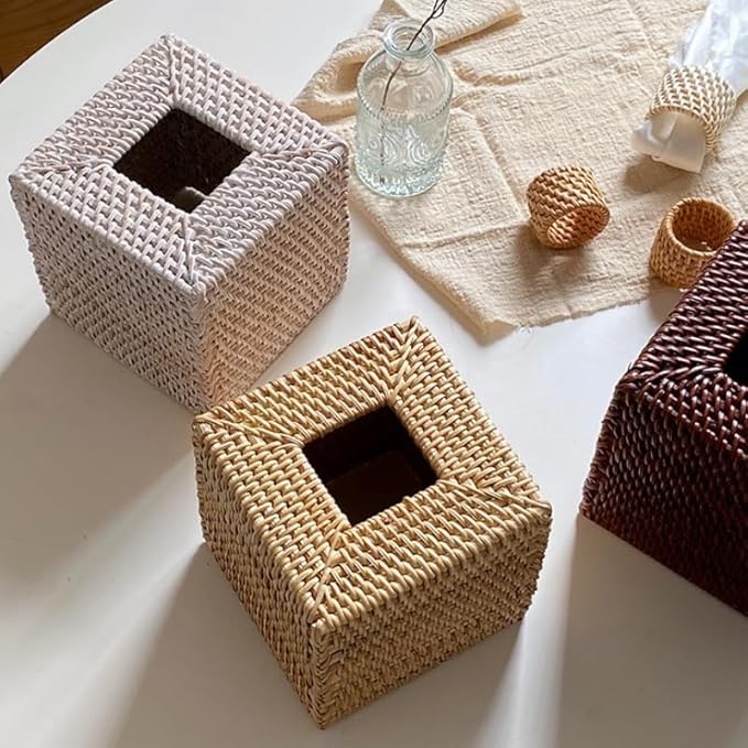 2 Pack Rattan Tissue Box Cover Square, Wicker Tissue Box Holder, Decorative Woven Facial Tissue Holder for Bathroom, Kitchen, Living Room, Bedroom (5.5 x 5.5 x 5.7 inch, Natural)