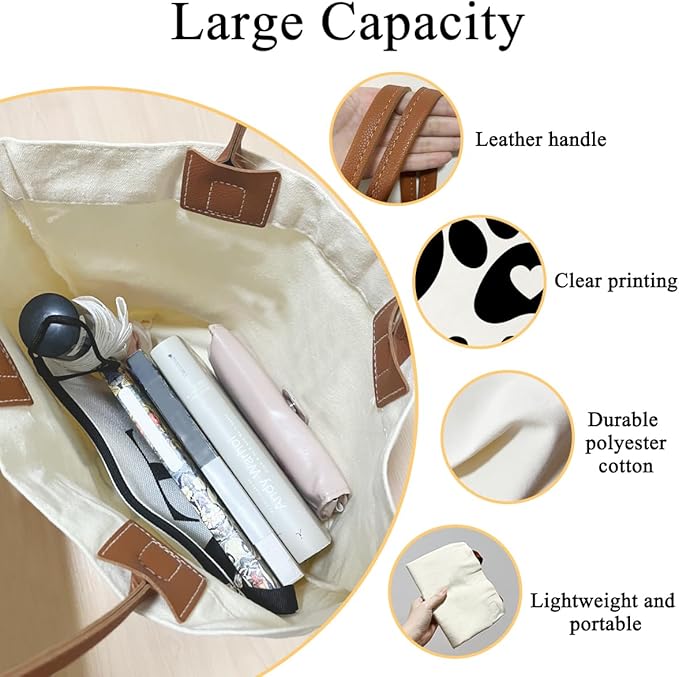 Canvas Tote Bag for Women, Birthday Gifts, Aesthetic Reusable Grocery Shopping Bags With Leather Handles