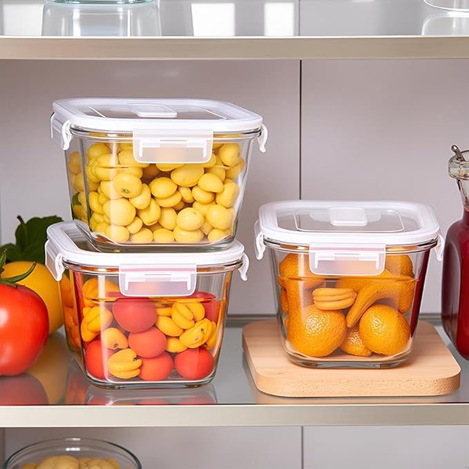 4 Cup Square Glass Food Storage Container with Lids, Square Glass Soup Container with Airtight Lids, 32 OZ Food Prep Bowls for Leftovers, Salad, Microwave、Fridge、Dishwasher Safe (4 Pack)