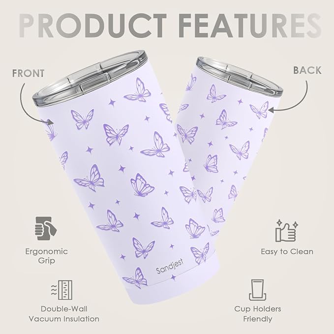 SANDJEST Butterfly Tumbler 20oz, Stainless Steel Travel Cup with Lid, Insulated Coffee Mug, Butterfly Gifts for Women Girls Friends Sisters on Birthday Christmas