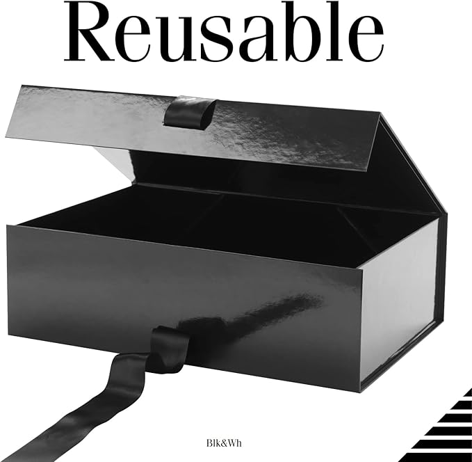 BLK&WH 6 Large Gift Boxes with Ribbon 13.5x9x4.1 Inches, Black Gift Boxes with Lids Large, Groomsmen Boxes, Luxury Magnetic Boxes for Presents (Glossy Black)