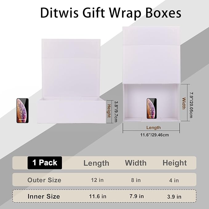 12x8x4 Inches Gift Box with Magnetic Closure Lid, White Magnetic Box for Wedding, Groomsmen Bridesmaid Proposal, Birthdays, Mother's Day, 1 Pack