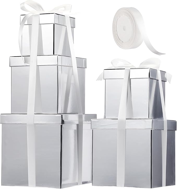 Cholemy 5 Pcs Square Nesting Boxes Decorative Gift Boxes with Lid and Ribbon Assorted Sizes Wrap for Wedding, Thanksgiving, Christmas, Anniversary, Birthday, Bridal Party(Silver)