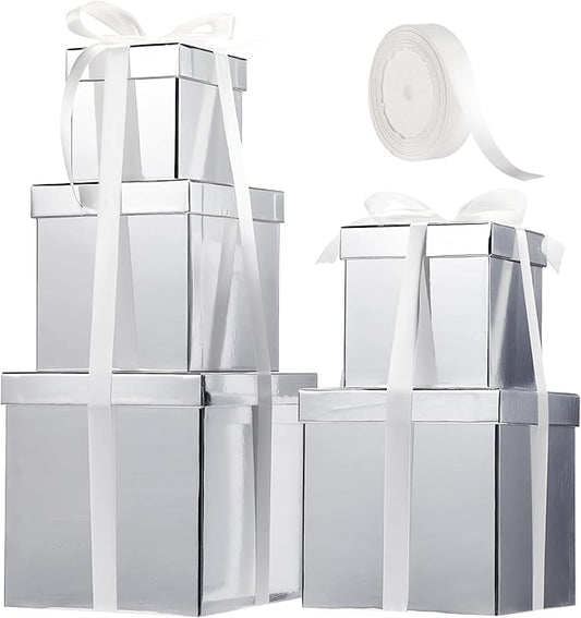Cholemy 5 Pcs Square Nesting Boxes Decorative Gift Boxes with Lid and Ribbon Assorted Sizes Wrap for Wedding, Thanksgiving, Christmas, Anniversary, Birthday, Bridal Party(Silver)