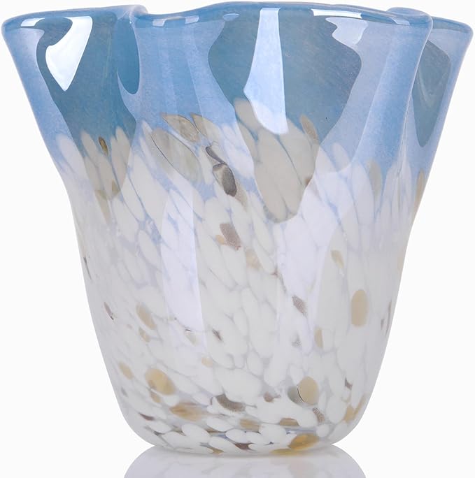 Hand Blown Glass vase, Blue Glass Art Wide Mouth vase for Home Living Room, Fireplace Decor, Table centerpieces, entryway Tables and Wedding Decor.