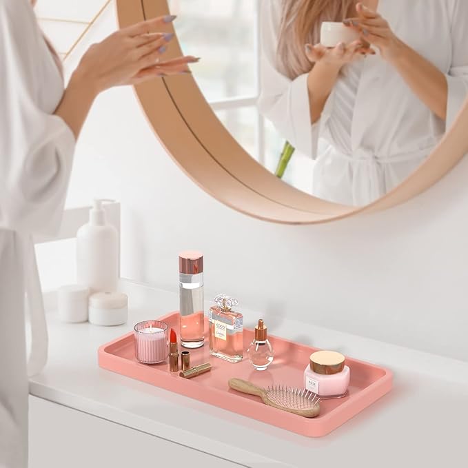 Bathroom Vanity Tray for Countertop - Bamboo Organizer Tray for Dresser Tops, Toilet, Perfume Small Decorative Tray Wood Tray for Home Decoration 11.81” L x 6.1” W x 0.79” H (Pink)