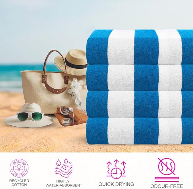 CASA COPENHAGEN Cabana Beach Designed in Denmark Rough and Tough, Quick Dry, Pool, Bath & Shower 30x60 inches 4 Pieces Cotton Beach Bath Towels Set - Turquoise
