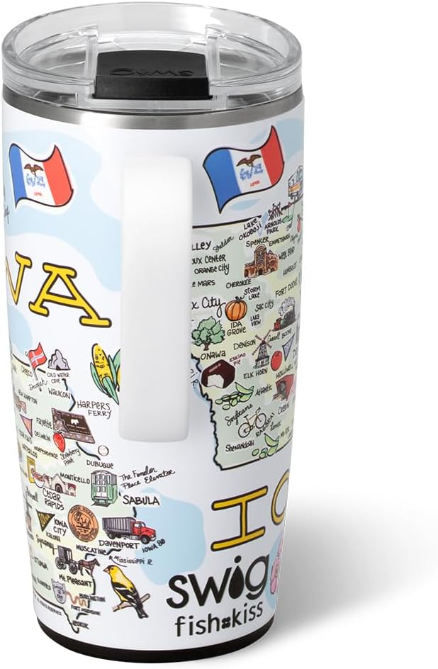 Swig Life 22oz Travel Mug, Insulated Tumbler with Handle and Lid, Travel Coffee Mug, Cup Holder Friendly, Stainless Steel 22 oz Tumbler, Reusable Insulated with Lid (Iowa)
