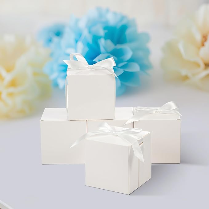 48 Pcs Christmas Gift Boxes with Ribbon Small Party Favor Boxes with Lids Mini Treat Candy Container for Wedding, Party, Birthday, Valentine's Day and More(White,6 Inch)