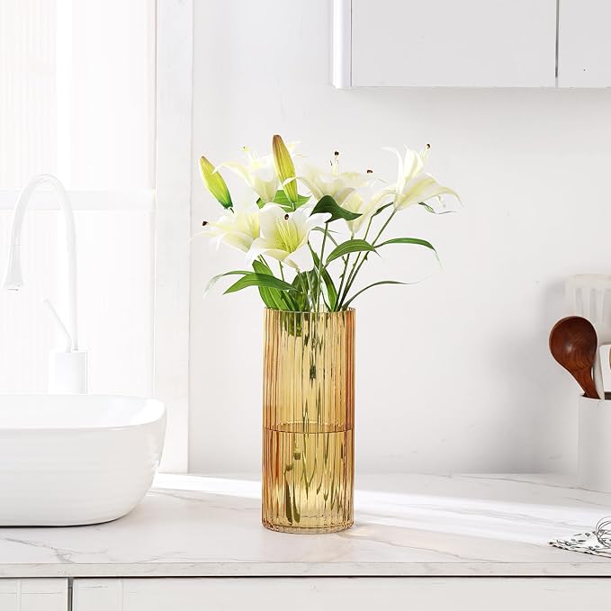 Amber Glass Vase for Flowers, Ribbed Glass Vases, Tall Glass Vases for Tulips, Modern Glass Vase for Living Room, Dining Table, Office, Wedding, Bookshelf, 12 Inches
