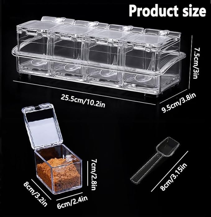 Seasoning Box Set, 4 Piece Clear Acrylic Spice Pots, Jars Condiment Containers with Cover and Spoon Seasoning Rack Storage Container Kitchen Cooking Organizer Tools for Spice Salt Sugar Cruet