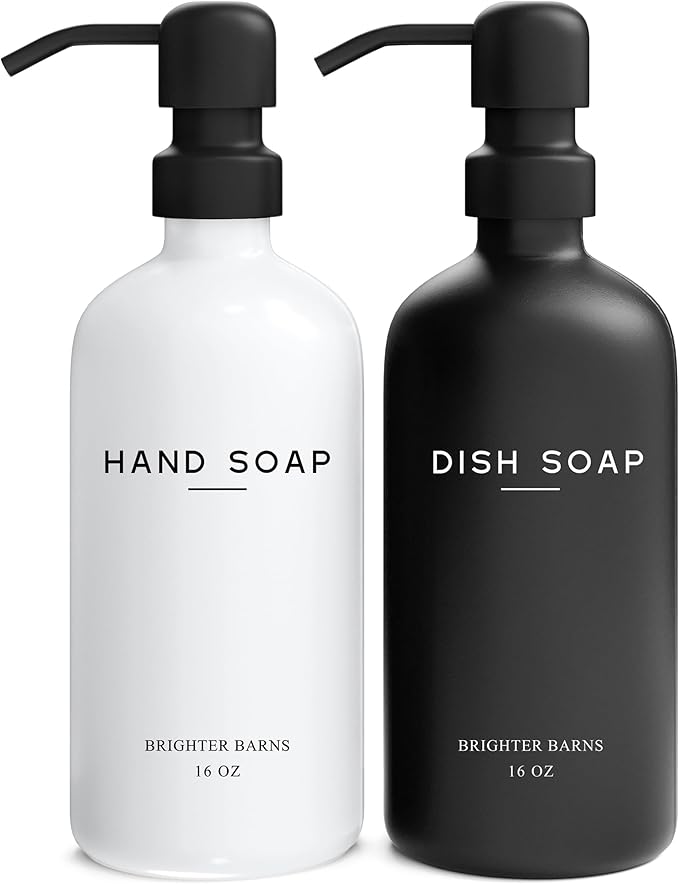 Luxury Glass Hand and Dish Soap Dispenser Set by Brighter Barns - Kitchen Soap Dispenser Set with Stainless Steel Pump for Kitchen Sink - Neutral Modern Farmhouse Home Decor for Airbnb (Black/White)