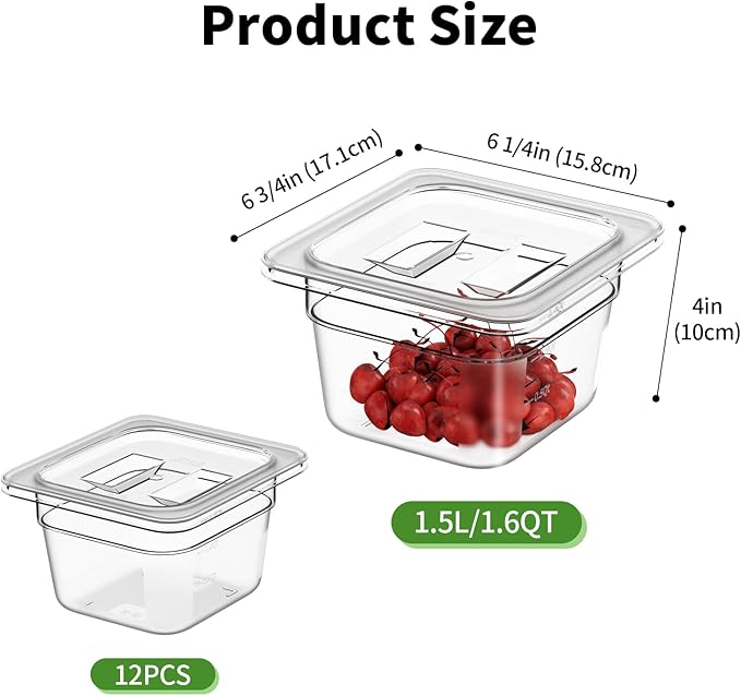 1/6 4'' 12 Pack Plastic Food Pans With Lids, Clear Food Pan, Commercial Stackable Polycarbonate Freezer-Safe for Fruits Vegetables Restaurant Kitchen