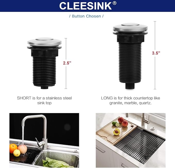 Garbage Disposal Switch, Cordless Air On Off Kit for Food Waste Disposer, Stainless Steel Brushed Nickel, LONG 3.5" Sink Top Push Button by CLEESINK