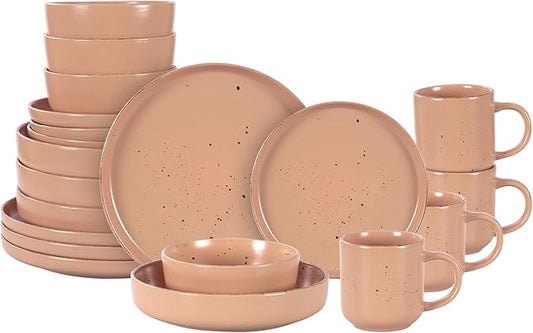 HomeVSS 20-Piece Dinnerware Set - Serves 4, Matte Rose Glaze plates and bowls sets with Speckle Effect for Microwave & Dishwasher Safe