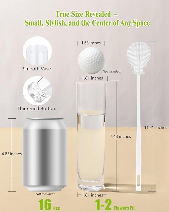 Glass Cylinder Vases for Centerpieces – Set of 16 Handmade Clear Flower Vase 7.48 Inches Tall,Wedding Table Decor for Single Rose Bud Vases,Small Vases Home Decor,Floreros,1 Brush