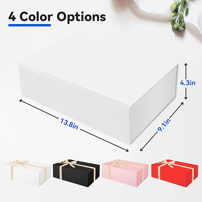 Brothersbox White Gift Box 13.8"x9.1"x4.3" Large Gift Boxes for Presents with Magnetic Lid, Ribbon, Collapsible Boxes for Gift Packaging Mother's Day Christmas Birthday Wedding