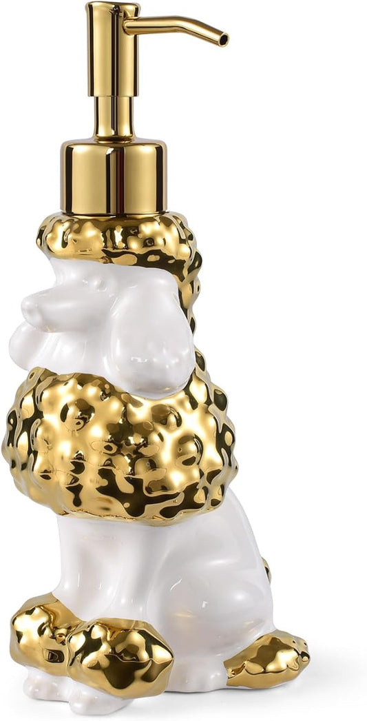 Poodle Shaped Soap/Lotion/Hand Sanitizer Ceramic Dog Lover Stainless Steel Pump Dispenser for Dog Mom Gifts, Refillable for Kitchen and Bathroom (Gold/White)