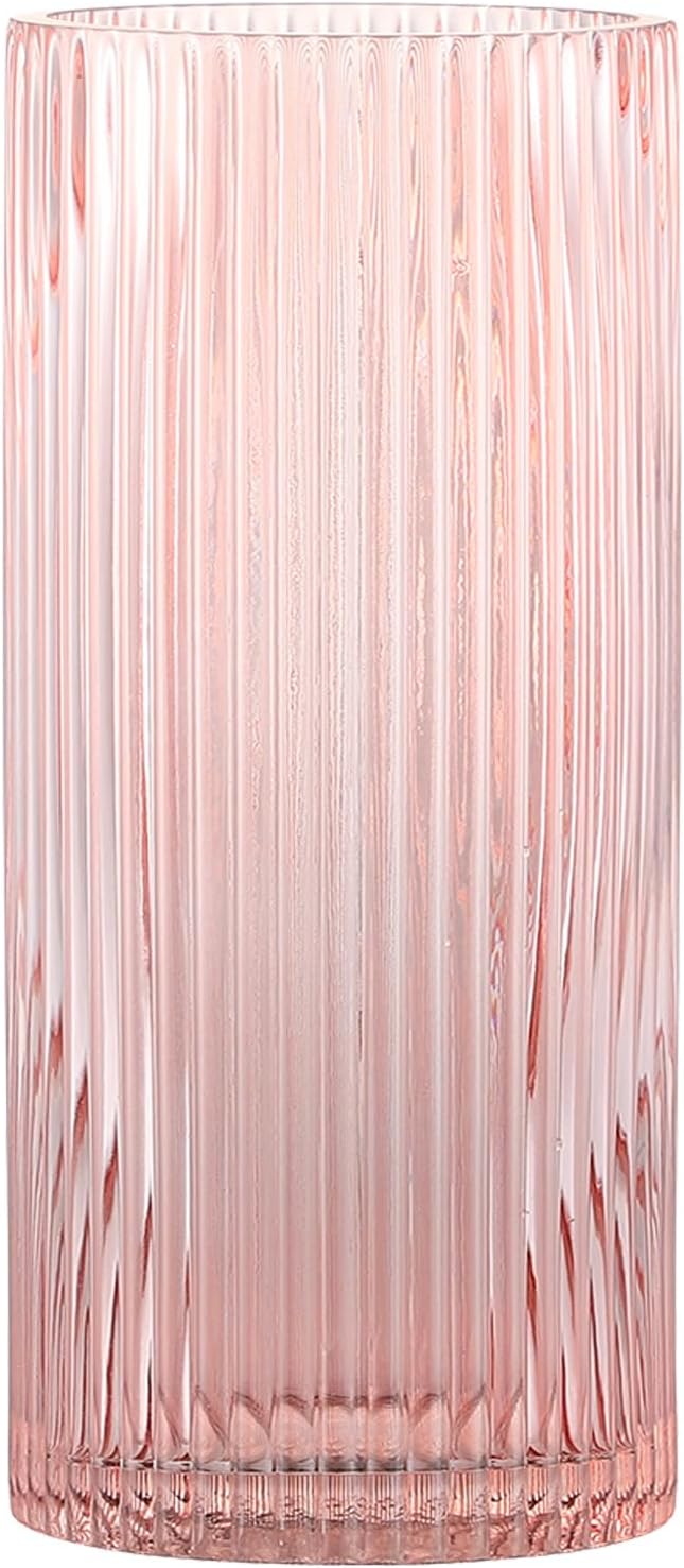 Pink Glass Vase for Flowers Ribbed Glass Vase, Pink Flower Vase, Tall Cylinder Glass Vases for Centerpieces, Living Room, Bedroom, Dining Table, Office, Wedding, Bookshelf Decoration,10 Inches