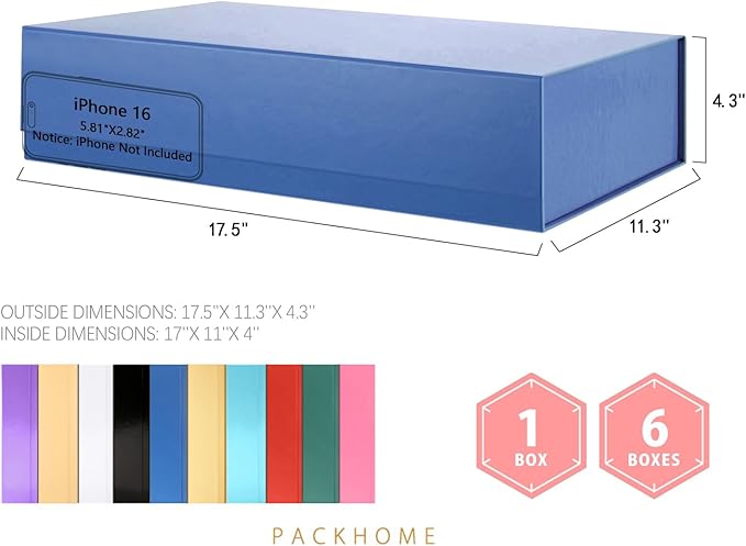 PACKHOME Extra Large Gift Box 17.5x11.3x4.3 Inches, Sturdy Shirt Box with Magnetic Lid for Clothes and Large Gifts (Glossy Blue)
