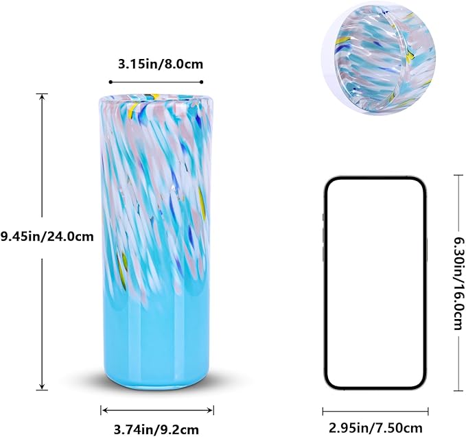 9.45" Tall Blue Vase Hand Blown Glass Vase Green, Modern Blue Home Centerpieces Wide Mouth Vases for Bud&Flower Decor - Ideal Living Room, Kitchen, Wedding, Dining Table, Office Center Table