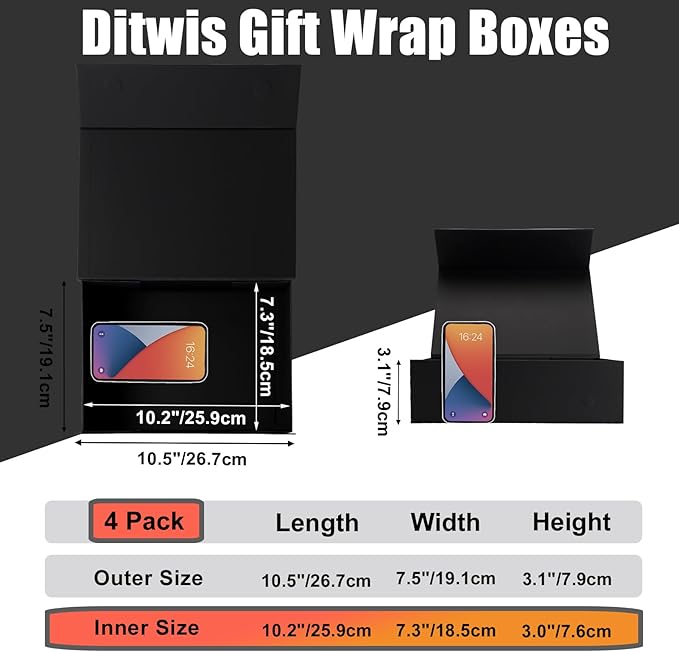 Ditwis 4 Pack 10.5x7.5x3.1 Inches Gift Boxes with Magnetic Closure Lids, Black Magnetic Box for Wedding, Groomsmen Bridesmaid Proposal, Birthdays, Mother's Day