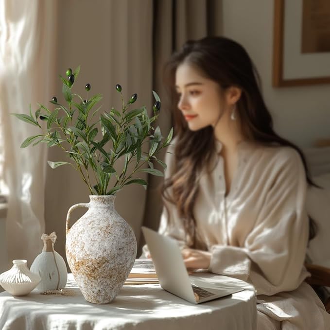 Vintage Ceramic Vase with Fake Olive Branches, Farmhouse White Vase with 2Pcs Faux Olive Plant Greenery for Home Bedroom Living Room Side Table Entryway Dining Table Decor