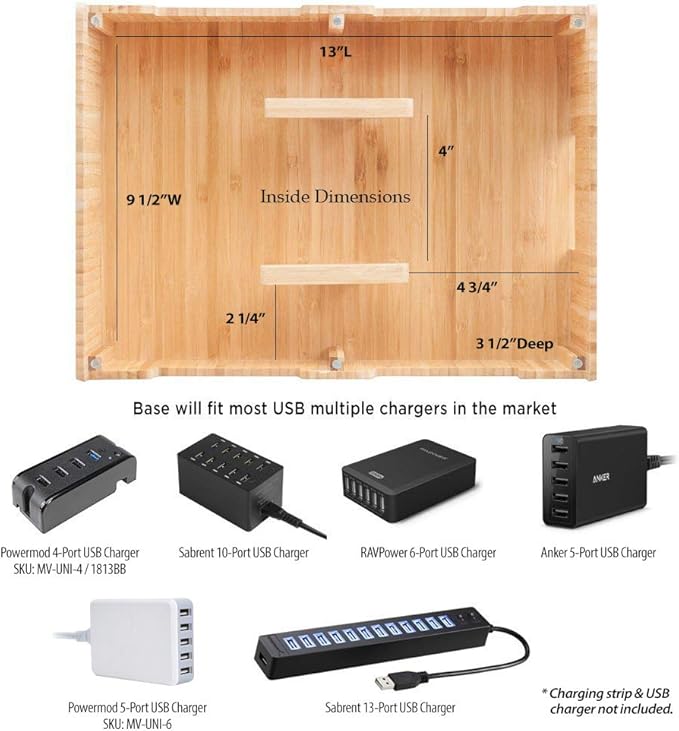 MobileVision 10-Port Bamboo Charging Station Includes 2 Powermod 6 USB Port Chargers for Smartphones & Tablets