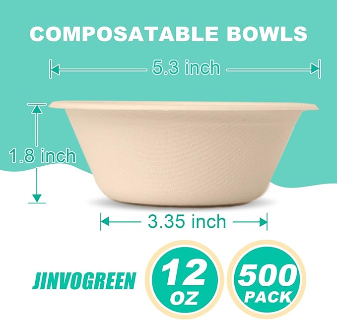 500 Count 12 oz Paper Bowls, Disposable Compostable Bowls Bulk, Heavy Duty Biodegradable Bagasse Bowl for Snacks, Soup, and Salads, Natural